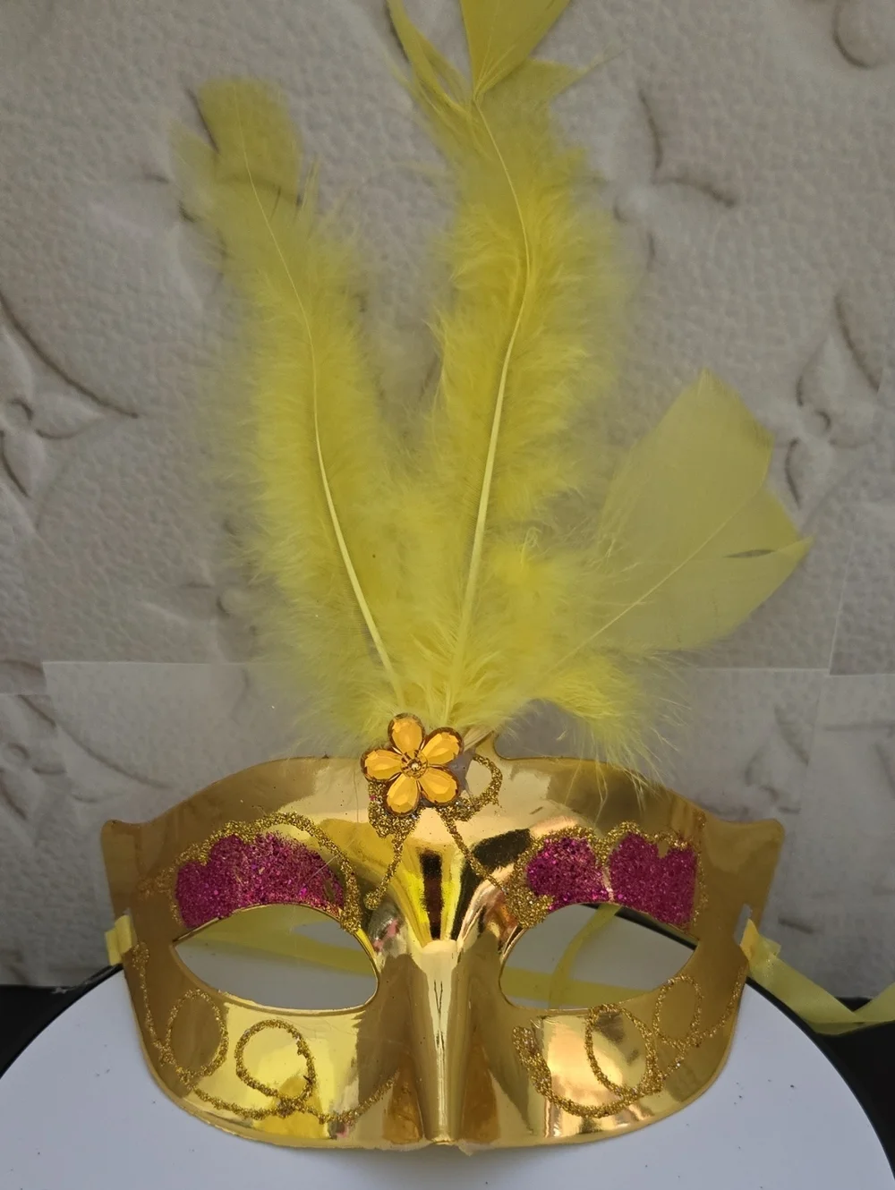 Yellow Feather Gold Masquerade Mask